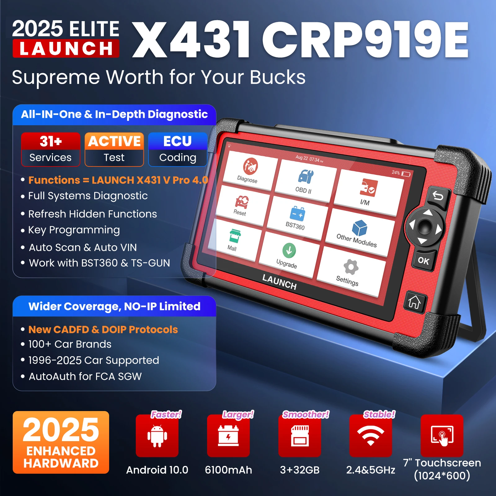 

LAUNCH X431 CRP919E ELITE Считыватель всех системных кодов с поддержкой DBScar VII CAN FD и DOIP, активный тест, кодирование ЭБУ