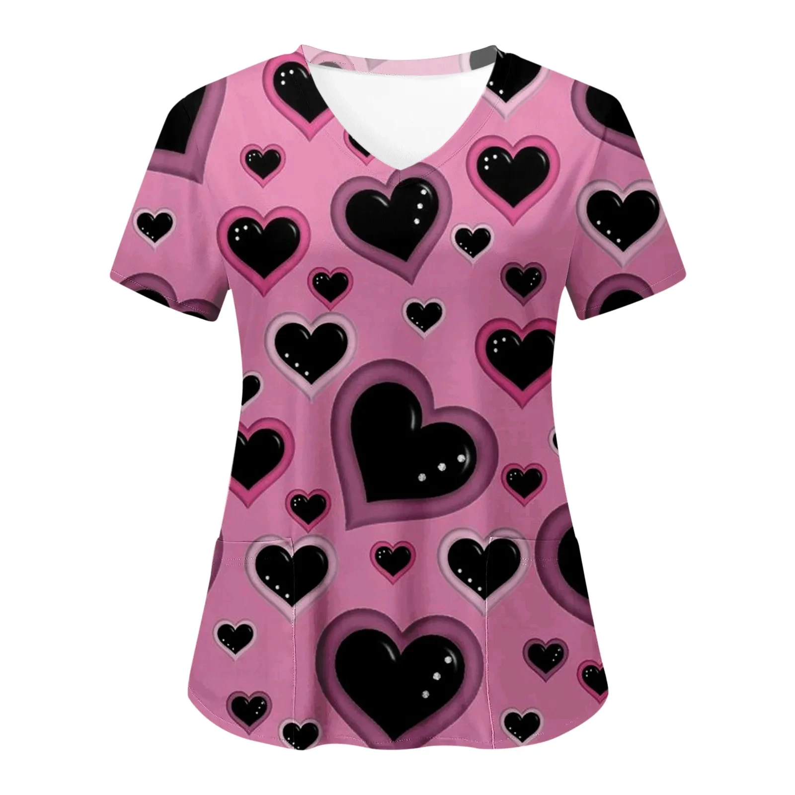 Uniforme da lavoro da donna Sorriso Cuore Stampa Manica corta Scollo a V Design tascabile Top Scrub Uniformi cliniche mediche Camicetta da donna