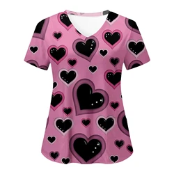 Uniforme de trabajo con estampado de corazón sonriente para mujer, Blusa de manga corta con cuello en V, diseño de bolsillo, blusas médicas, uniformes clínicos