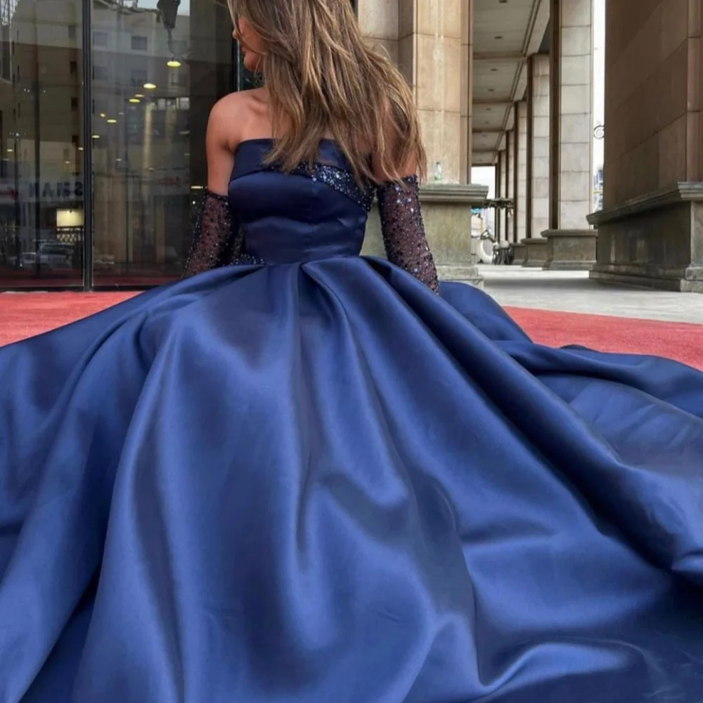 Cathy Elegant Dark Blue A-line Prom Dress Sexy Strapless Silk Satin Party Dress Sequins Glove Evening Dress Ball Gown فستان سهرة