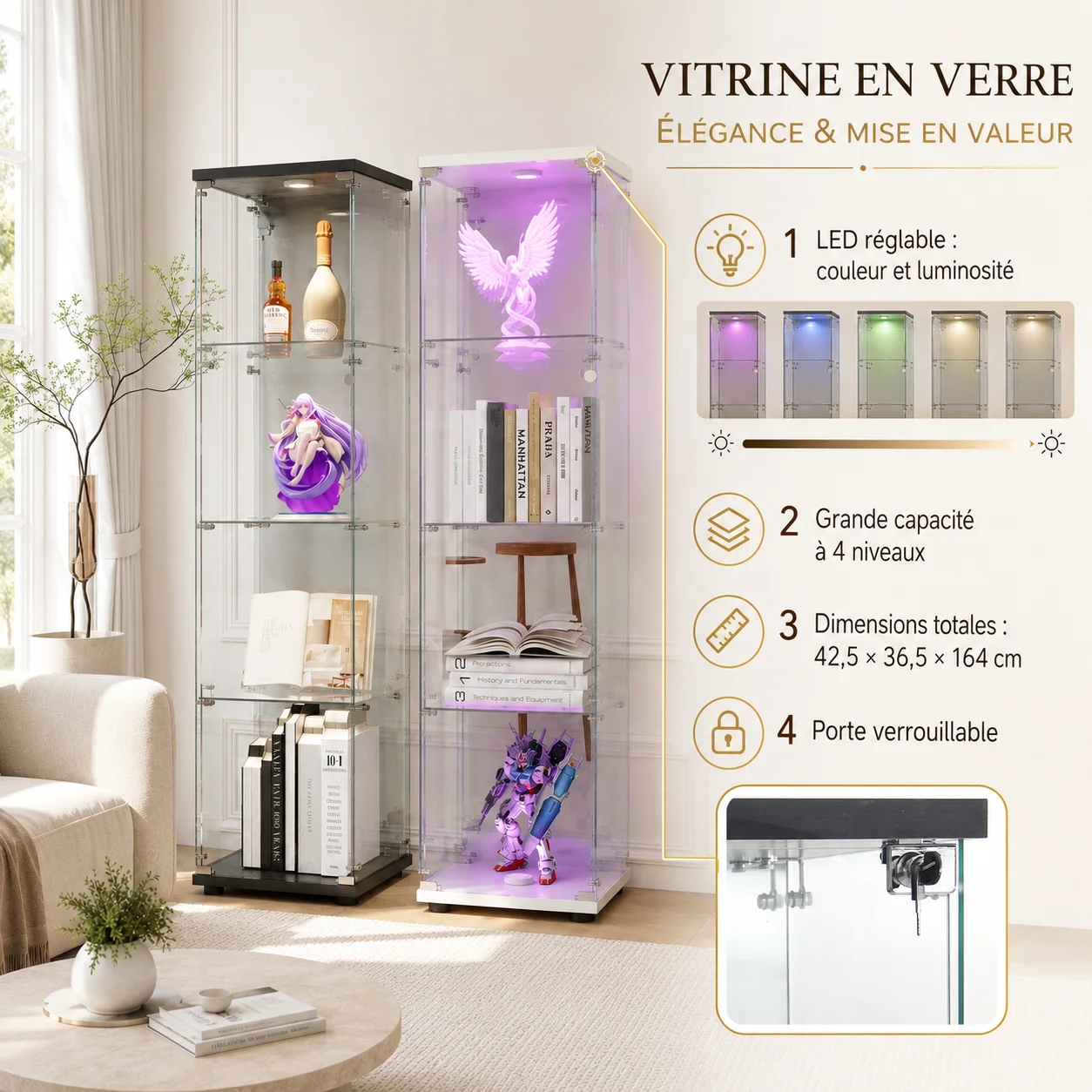 Vitrine à 4 Niveaux avec Serrure et Éclairage LED Réglable, Vitrine de Collection Verrouillable avec Porte et Panneau Arrière Miroir, Bibliothèque Autoportante pour Salon, Chambre