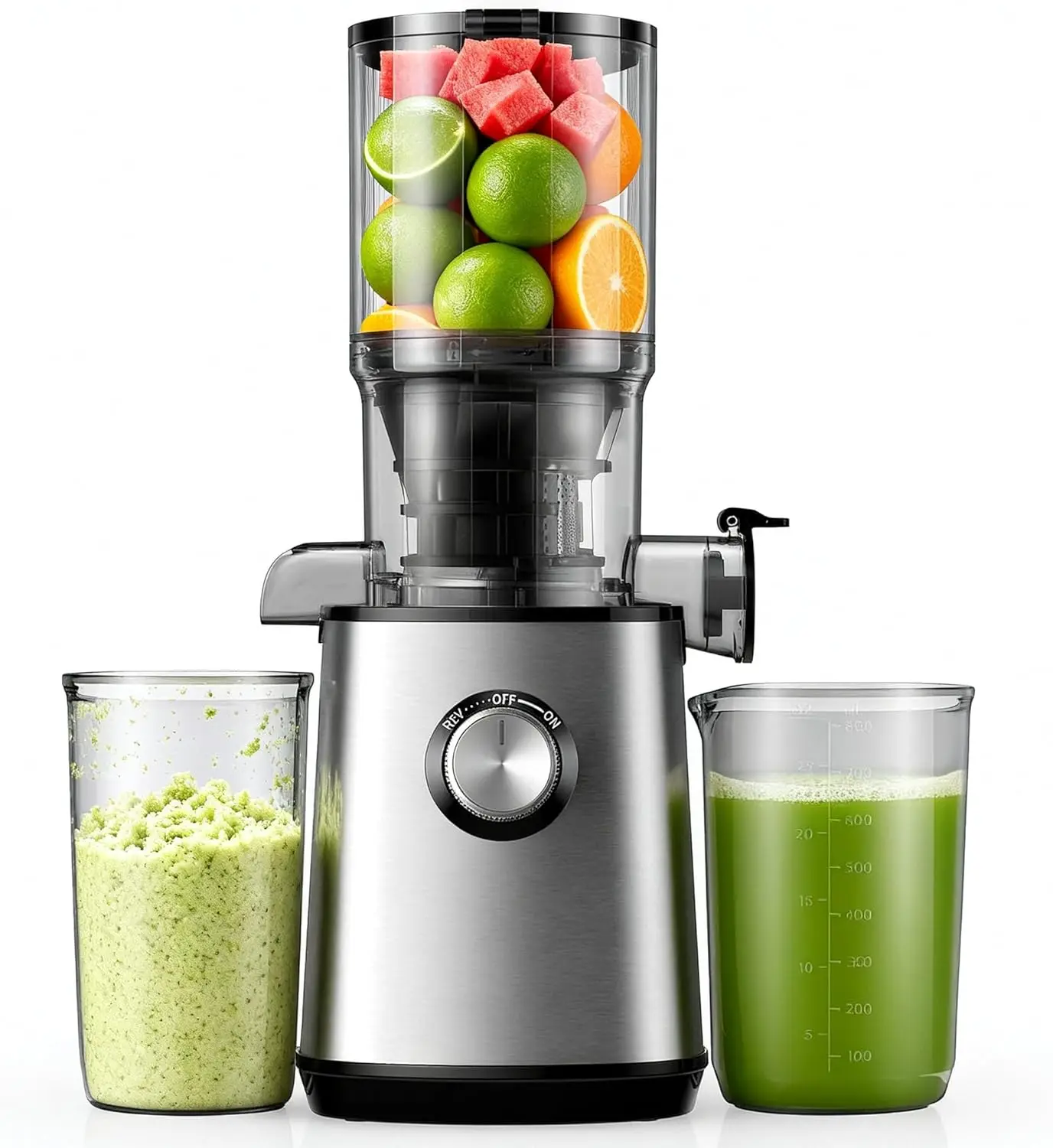 Cold Press Juicer with 110 MM Large Feed Chute, Masticating Juicer Machines Fits Whole Fruits and Vegetables, Self Feeding Slow Juicer with Low Noise, Easy to Clean, Silver