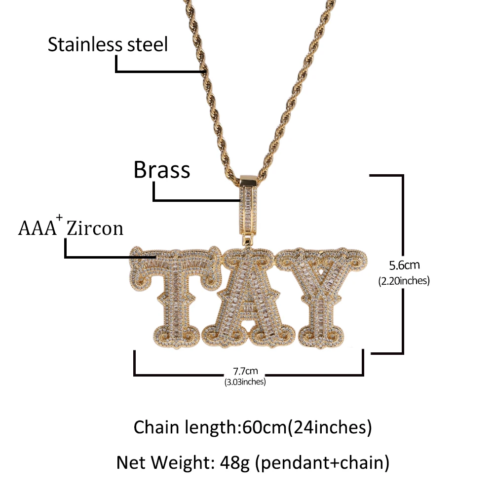 THE BLING KING Custom Name Iced Out Baguettecz Cubic Zirconia Number Letter Pendant Chain Necklace Hiphop Punk Jewelry For Gift