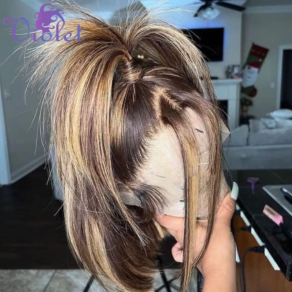 

200% Highlight Bob Wig Human Hair 13x4 HD Прозрачный парик фронта шнурка Bob 4/27 Ombre Медовый блондин Прямые кружевные фронтальные парики Боб