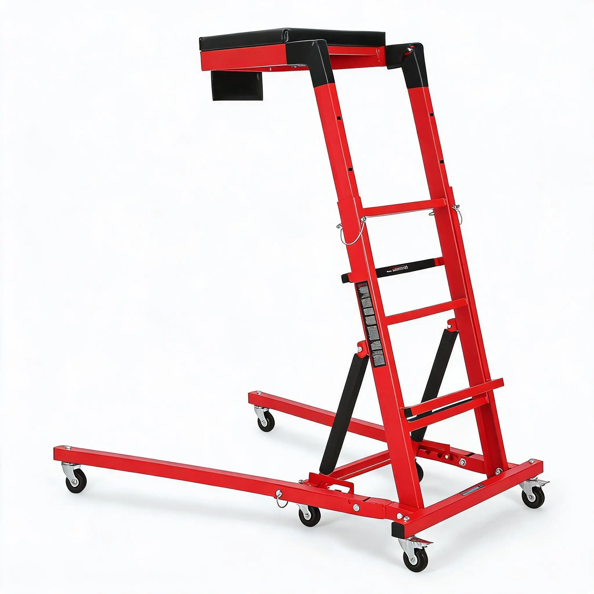 Plateforme de travail réglable en hauteur pour le compartiment moteur, de 48 à 68 pouces – capacité de charge de 400 lb, 6 roulettes, tapis rembourré extra-épais, sac à outils – outil professionnel pour travaux en hauteur dans les ateliers automobiles.