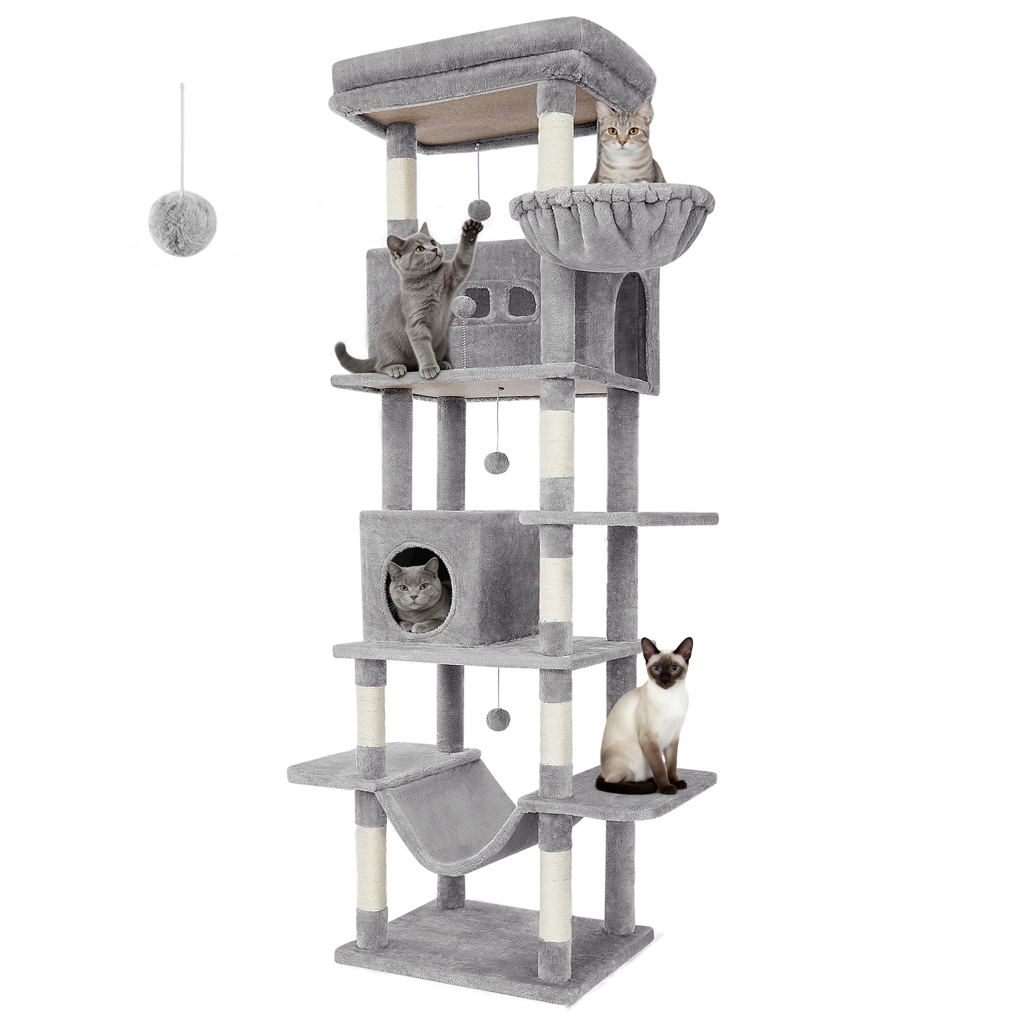 Kattenboom, 210 cm grote kattentoren voor binnenkatten, multi-level kattenhuis met condo, 8 krabpalen, 4 pompons - afbeelding 2