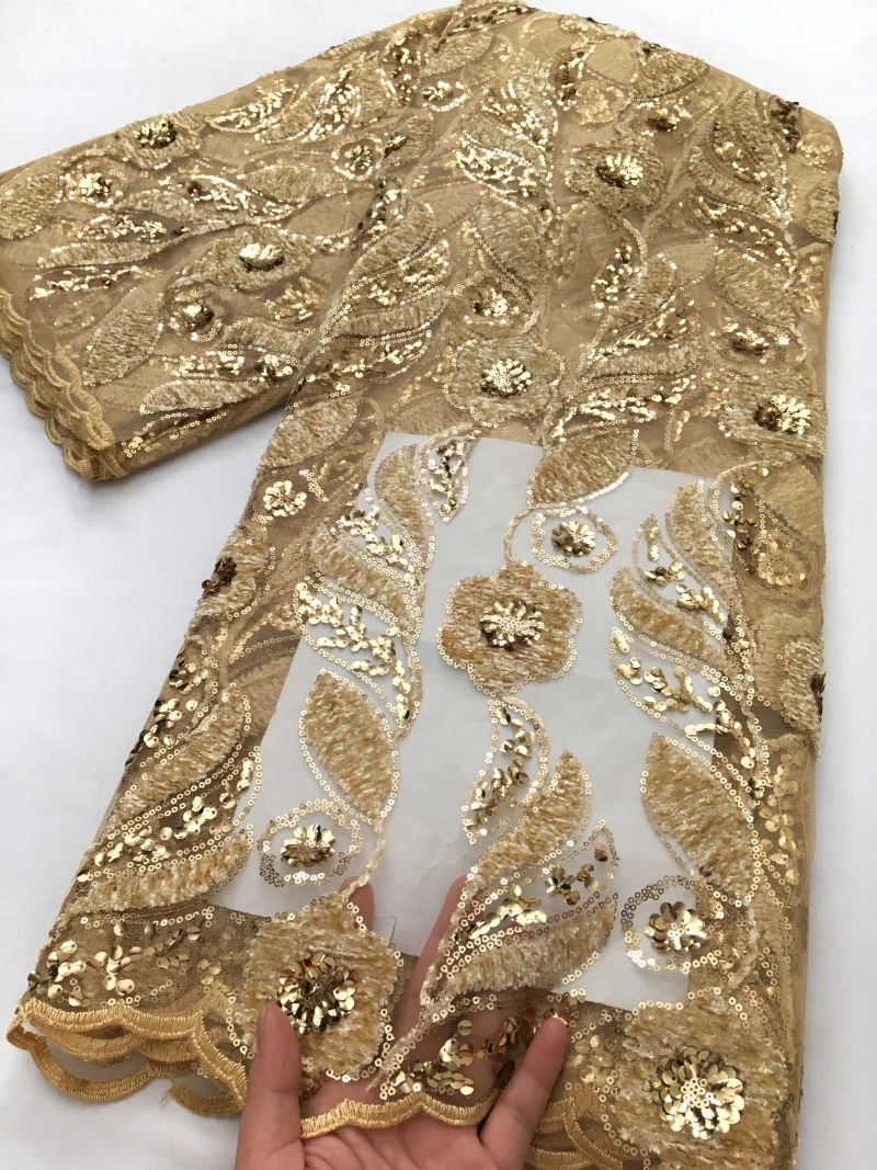 

Тюлевая кружевная ткань с золотыми африканскими блестками и бисером, 2025 г., высокое качество, французская сетка с блестками, кружевная ткань для вечерние, свадебного платья, 5 ярдов