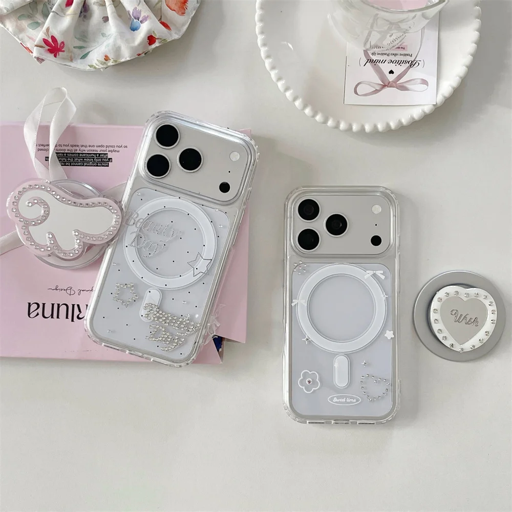 Ins Simple Flower Love Magnetic Phone Case for iPhone 15 16 17 16 Pro 17 Max Cover with Magsafe 3D Wing Stand Mirror Cute Caes