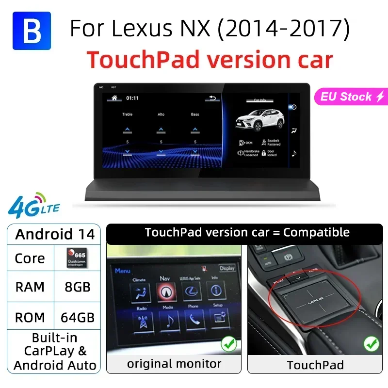 Nunoo Android 14 CarPlay autoradio voor Lexus NX NX200 NX200T NX300h 2014-2021 Multimedia Navigatie GPS DSP 4G WiFi