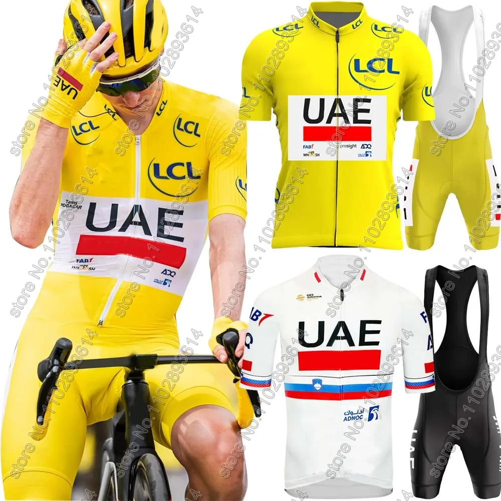 UAE Cycling Jersey 2024 Yellow Pink TDF France Tour Set Slovenia Clothing Men Road Bike Shirts Suit Bicycle bib Shorts MTB Ropa