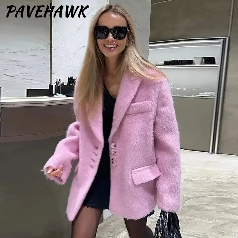 Women Wool Turn Down Collar Plush Coats Long Sleeve Single Breasted Blazer Autumn Winter Loose Elegant Office Lady Overcoat