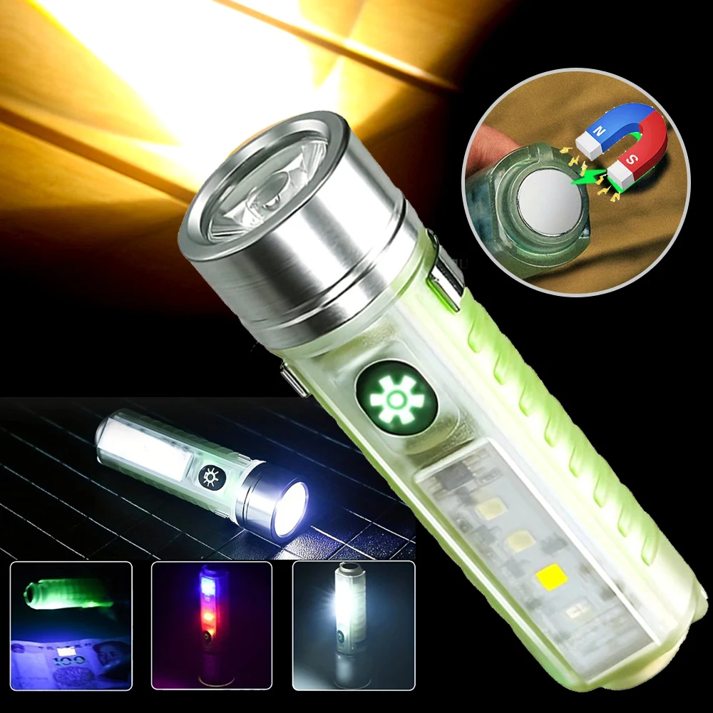 Mini Led Flashlight Usb Rechargeable Flashlight Strong Magnetic Cob Side Light Portable Camping Light Emergency Light