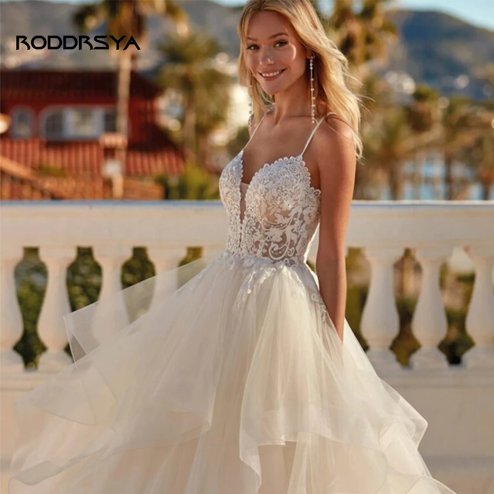 RODDRSYA-Vestidos De Novia bohemios para mujer, traje De tul plisado con tirantes finos, Espalda descubierta, escote en V, elegante, 2024 Vestidos De Novia bohemios para mujer, traje De tul plisado con tirantes finos,