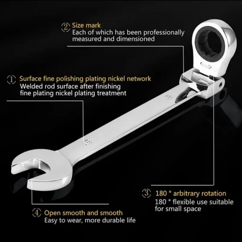 Ensemble complet à cliquet mobile à 180 °, tête vivante, usage touristique, outil à main à cliquet à 72 dents, tête flexible, finition miroir, 6 pièces