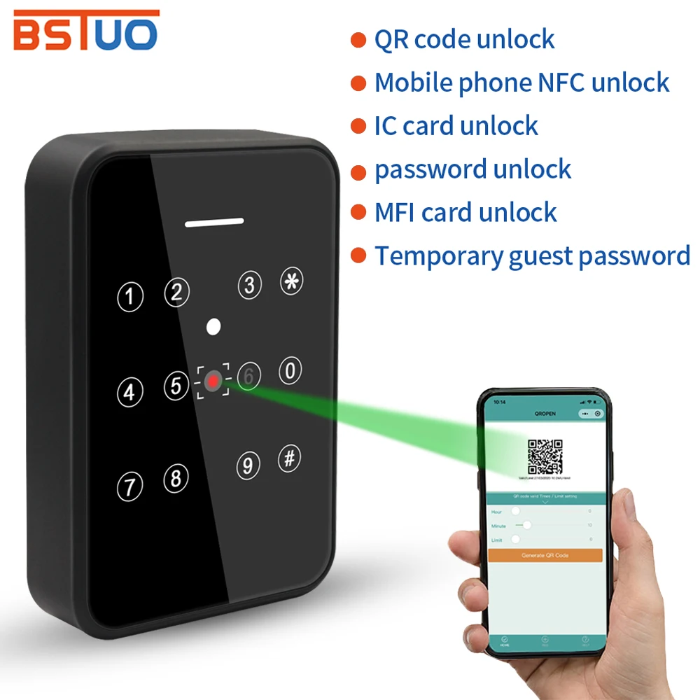 qr code Scanner NFC Reader Qrcode Access Control Keypad 13.56Mhz Rfid Card Reader RS485 TTL Wiegand Output 20000 User