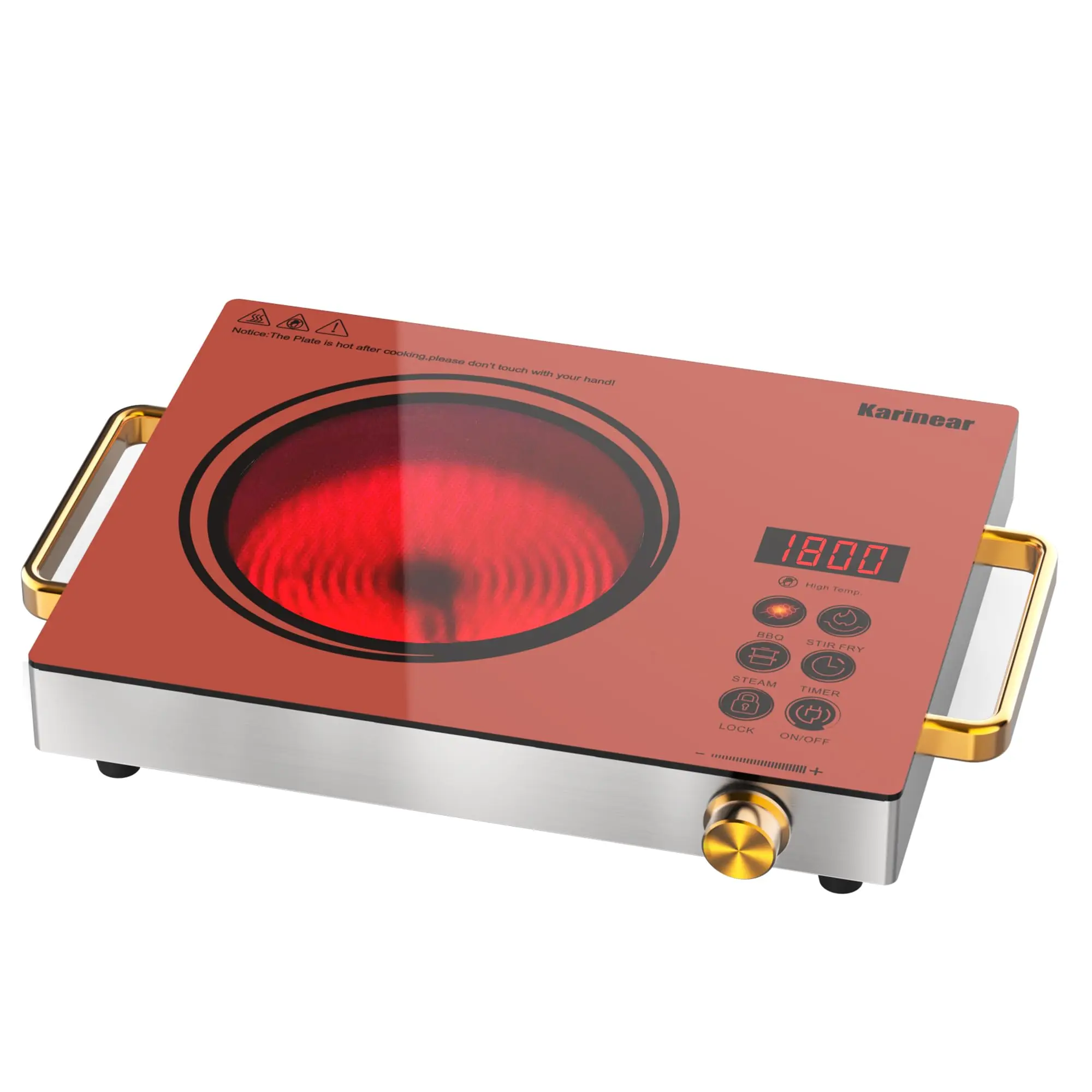 Karinear Portable Electric Stove 110V, 1800W Electric Hot Plate with Handle, Knob Control Single Burner Electri Cooktop, Ceramic Infrared Countertop Burner, Timer, Safety Lock(Pink)