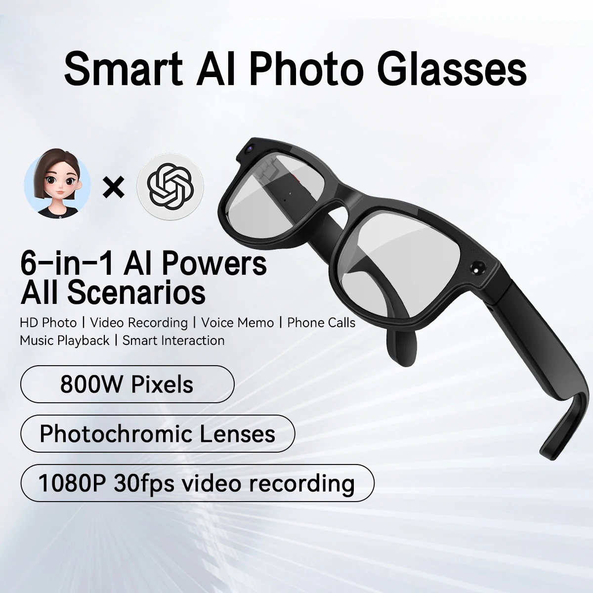 

G2 Smart AI Glasses–Sony 8MP Camera with 1200P Anti-Shake Video,ChatGPT Voice Assistant,Music&Calls,Compatible with IOS Android