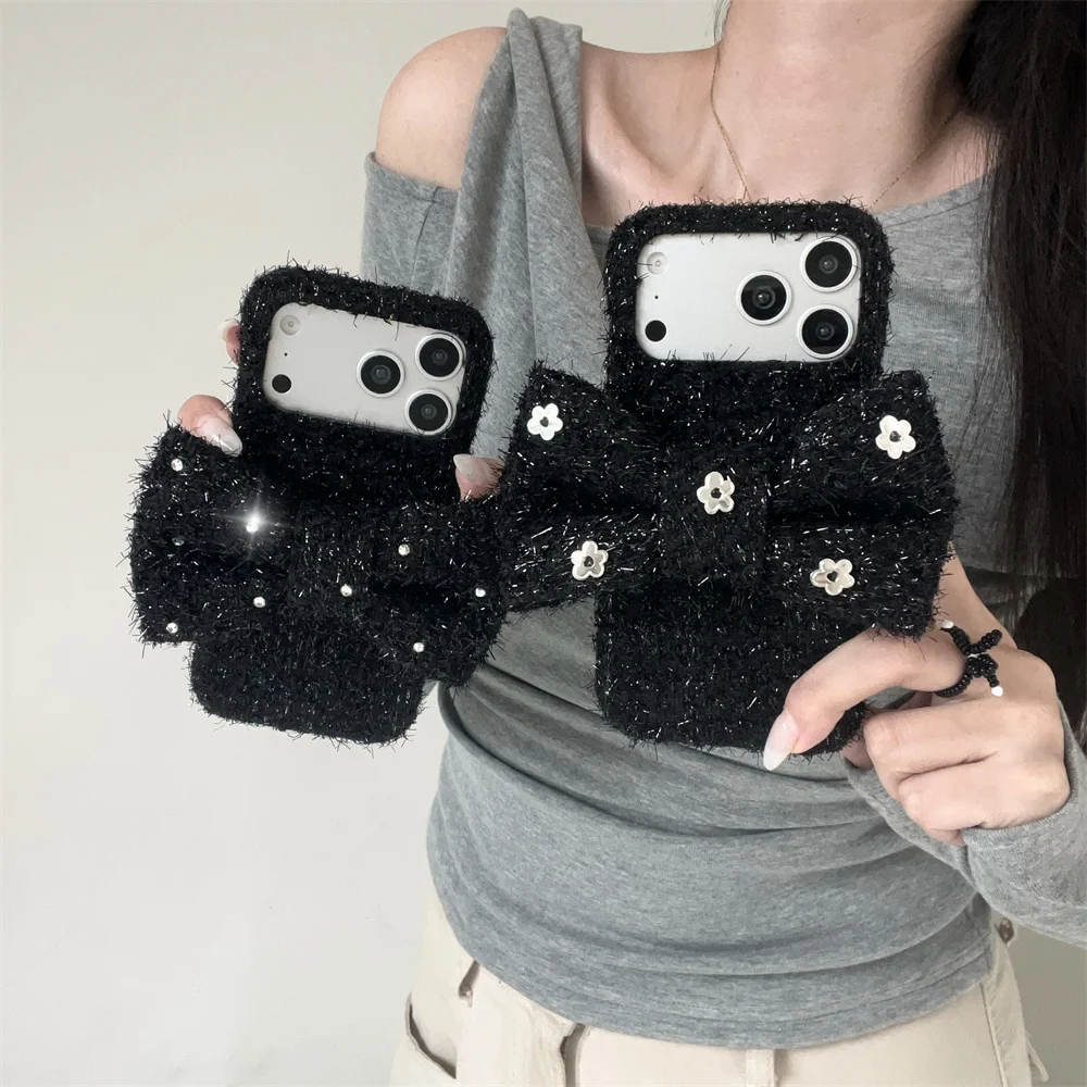 

Winter Plush 3D Big Bow Korean INS Cute Phone Case for iPhone 16 Pro Max 17 13 14 15 Pro Cover Shockproof Cases Protective Funda