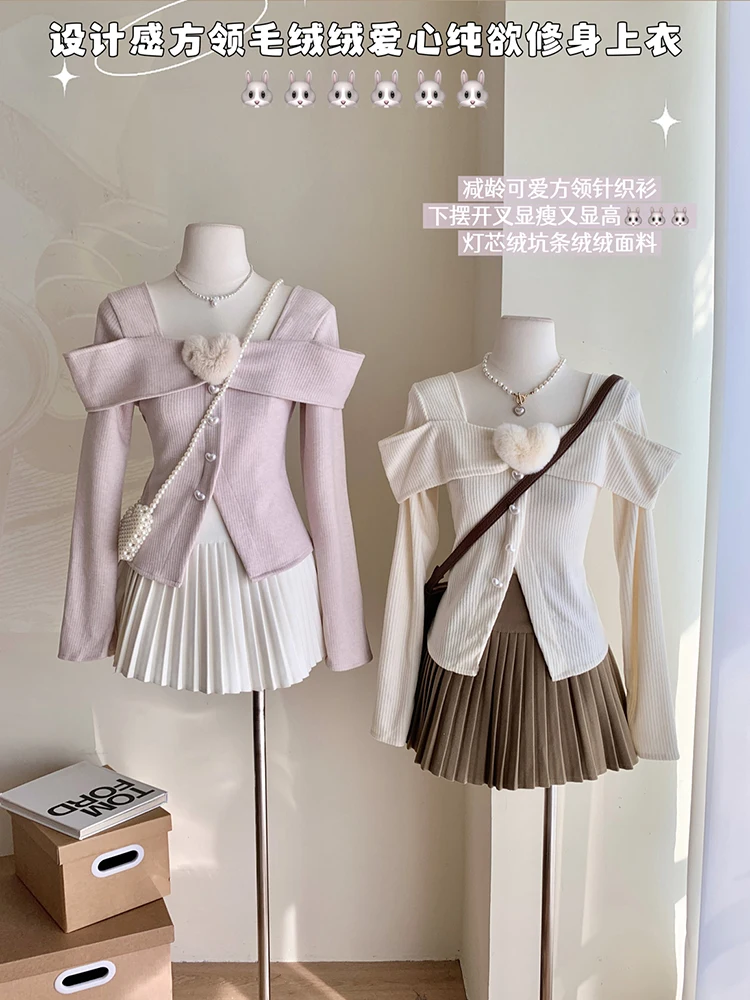 

Knitting Pullovers for Women Square Collar Long Sleeve Tunic Jumper Split Single Breasted Temperament Cropped Sweater