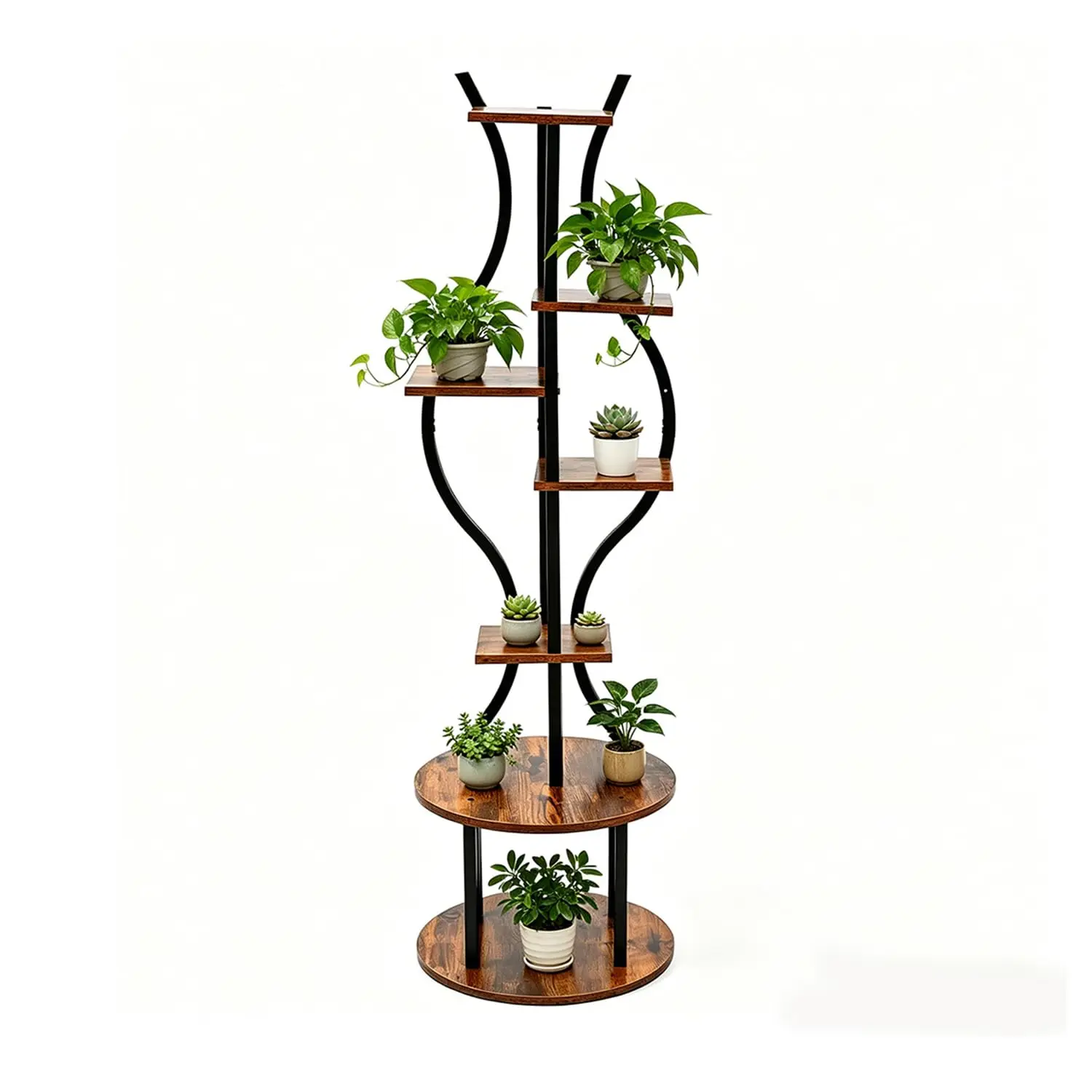 Supporto per Piante a Più Livelli a Forma di S, Scaffale per Fiori in Legno e Metallo Stile Industriale con Doppia Base Rotonda. Esclusivo Espositore 