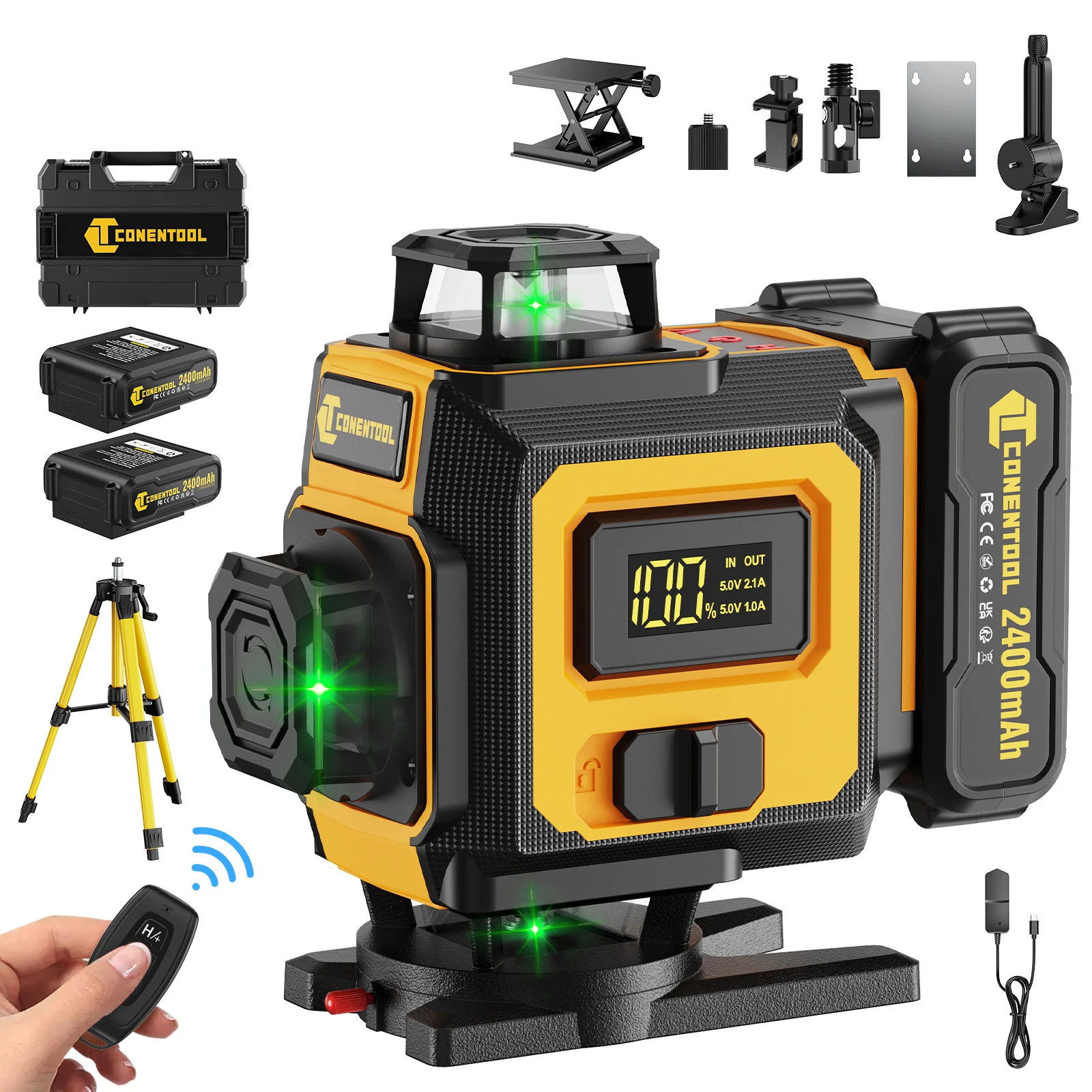 CONENTOOL 16 lijnen 4D-laserniveau Zelfnivellerende horizontale verticale kruislijnlaser met statief High Power Beam-meetinstrument
