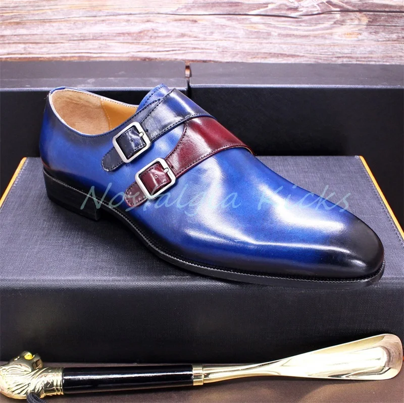 

Luxury Blue Patent Leather Double Buckle Oxford Shoes Men's Monk Pointed Toe Dress Shoes Vintage Wear-Resistant Office Shoes