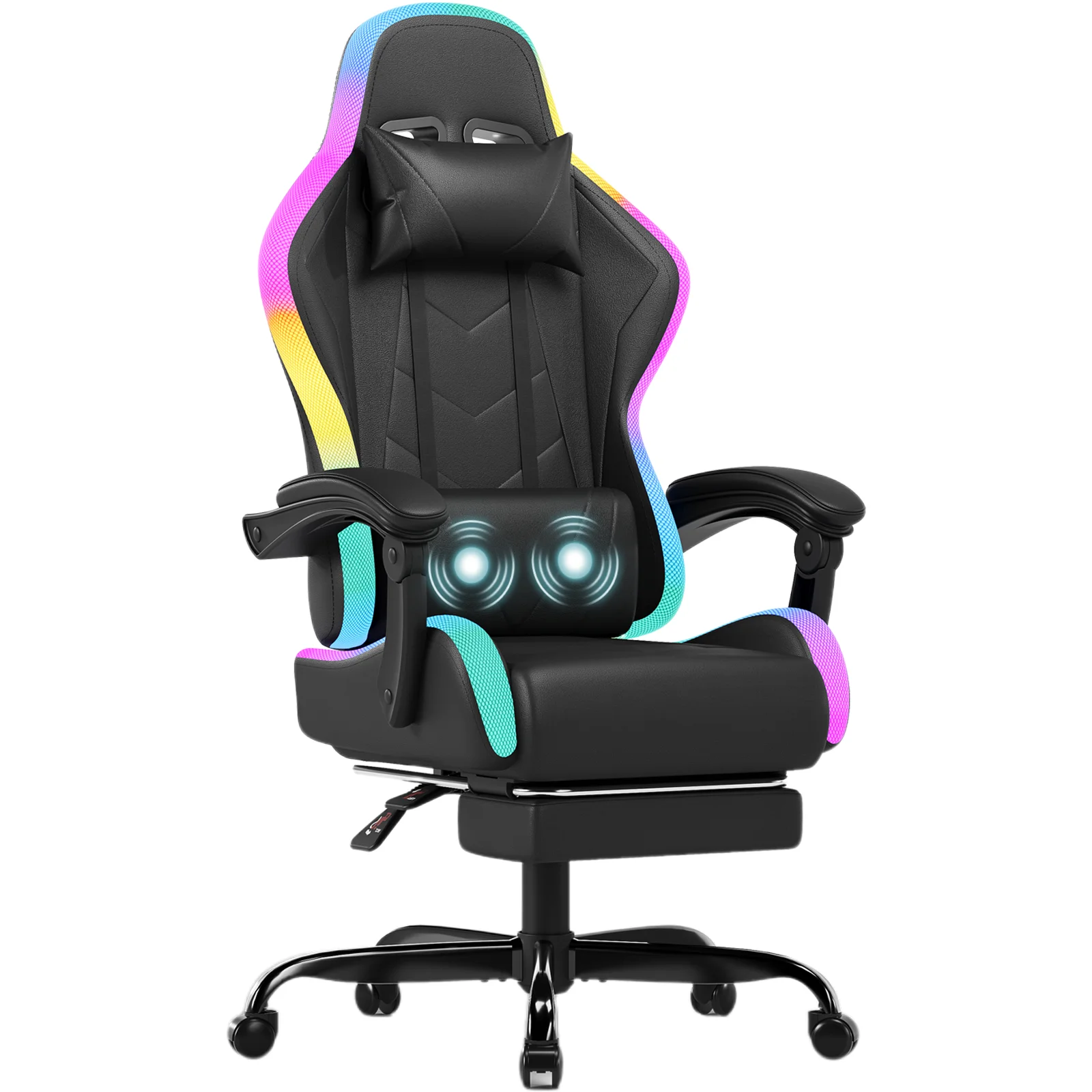Sedia da gaming Devoko in tessuto, con illuminazione a LED, design ergonomico e confortevole, poggiapiedi e poggiatesta regolabile in altezza.