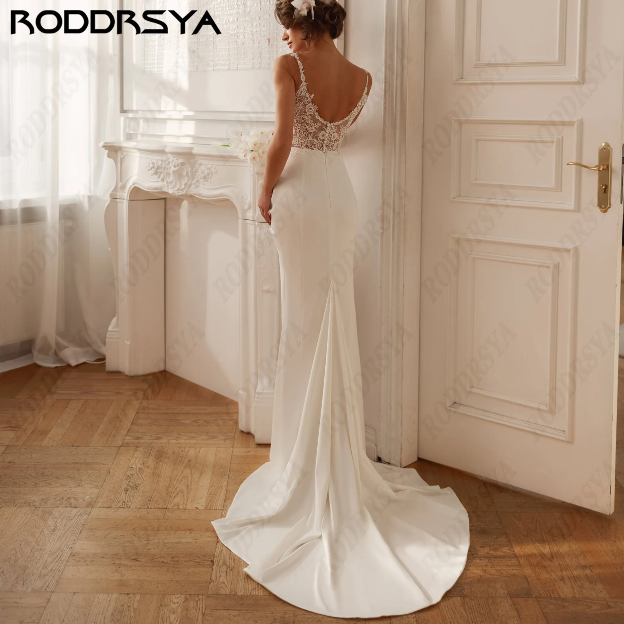 RODDRSYA Spaghetti Straps Satin Mermaid Wedding Dress Floral Lace Bodice Deep V Neck Bride Dress High Slit Backless Bridal Gown