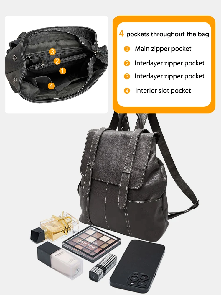 Zency Soft Genuine Leather Vintage Ladies Backpack Female Rucksack For Girls Knapsack Travel Bag With Documents Hidden Pockets