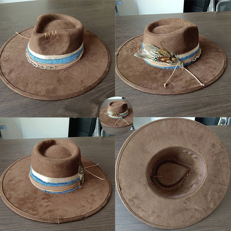 Coffee wide-brimmed jazz hat for men and women, retro fashion, rivet feather decorated fedora, Panama straw hat, new style