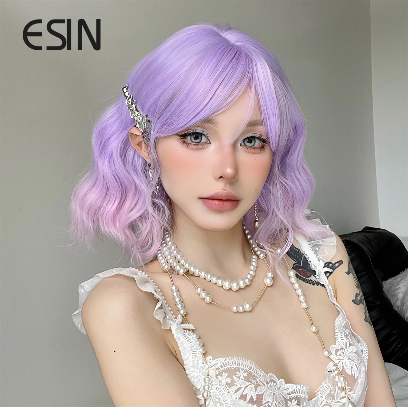 

ESIN Synthetic Purple Wavy Bob Wigs Medium Gradient Long Loose Body Wave Wig with Bangs Cosplay Daily Natural Wigs for Women