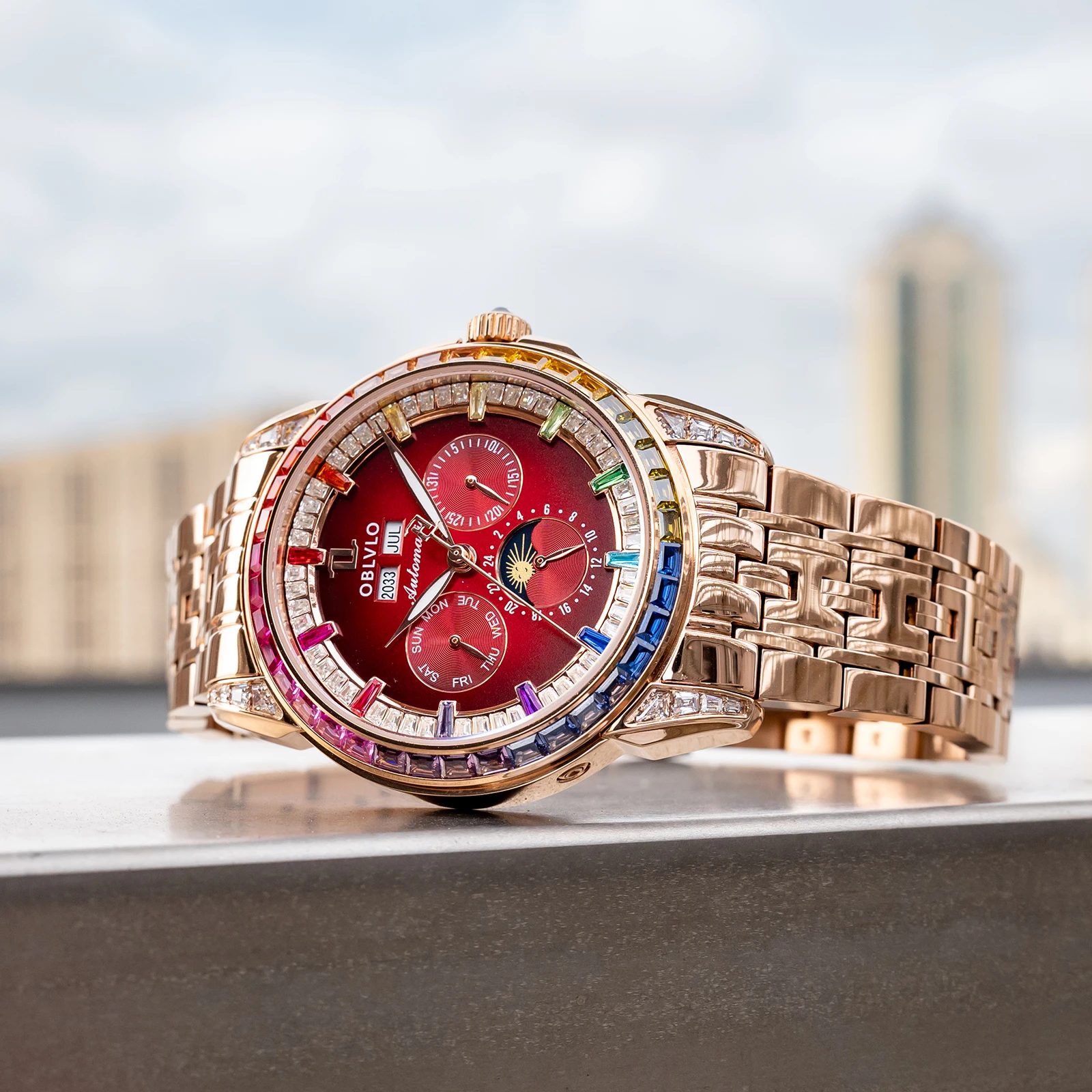 OBLVLO Men's Red Dial Mechanical Classic Watch Rose Gold Bracelet Moonphase Calendar 24-Hour Colorful Diamond Accents GCM-MUT