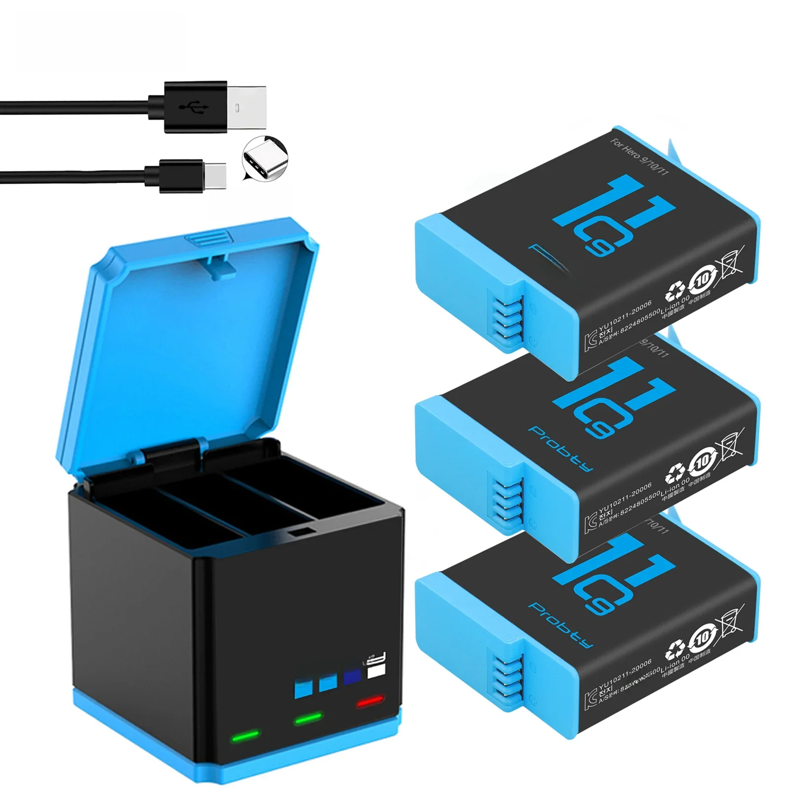 1850 mAh batterij voor GoPro Hero 10 + LED 3-slots oplader met Type-C poort voor GoPro Hero 12 Go Pro 10 hero 11 hero 9 sportcamera's - afbeelding 2