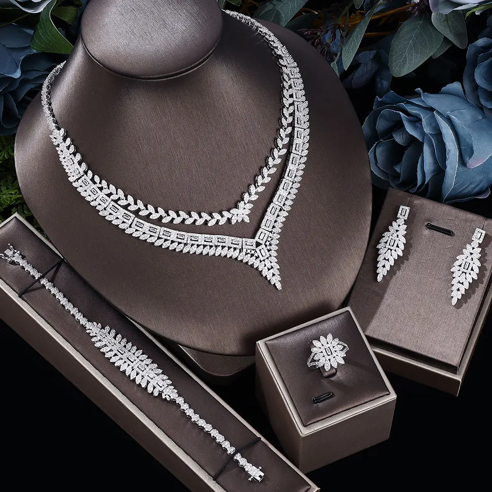 

Classic Cubic Zirconia Nigerian Jewelry Set for Women 2 Layers Necklace and Earrings Bridal Wedding Brides Accessories