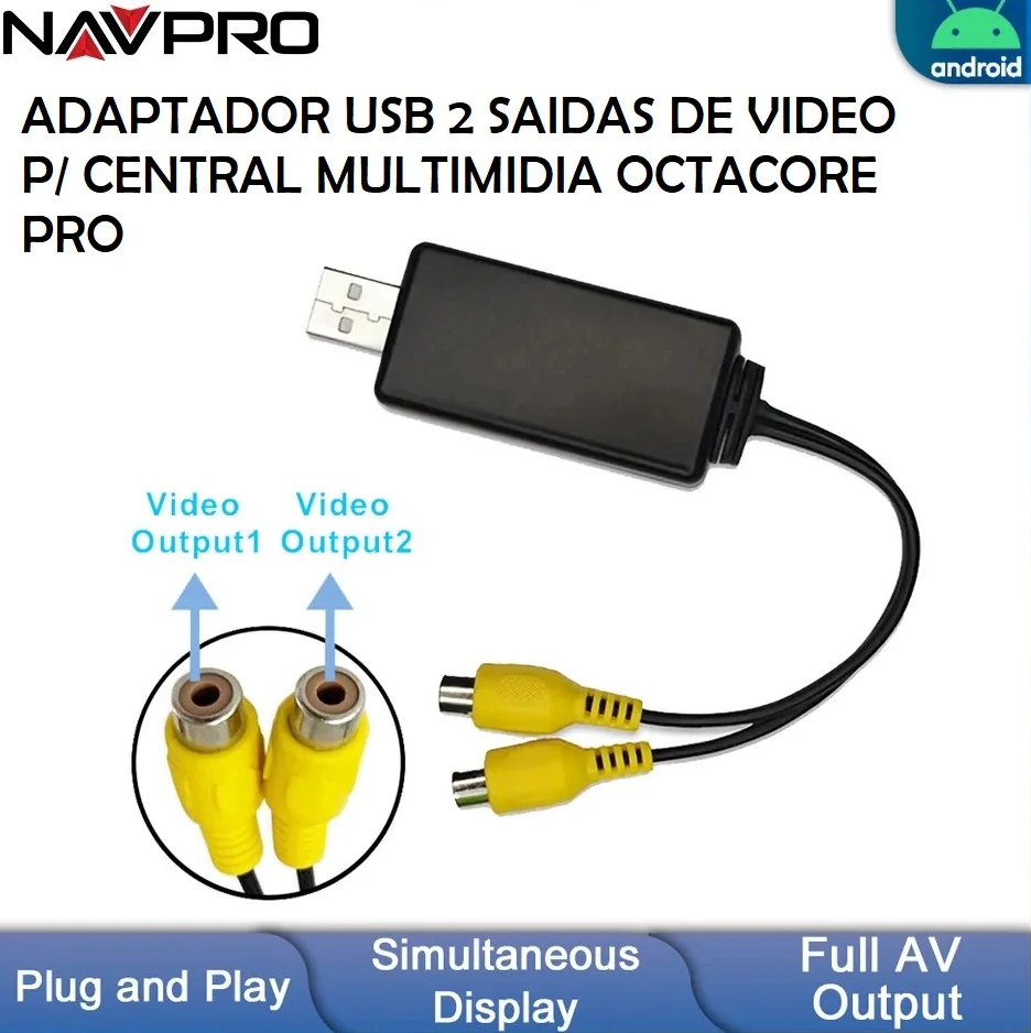 ADAPTADOR USB 2 SAIDAS AV PARA CENTRAIS MULTIMIDIA OCTACORE PRO NAVPRO CASKA