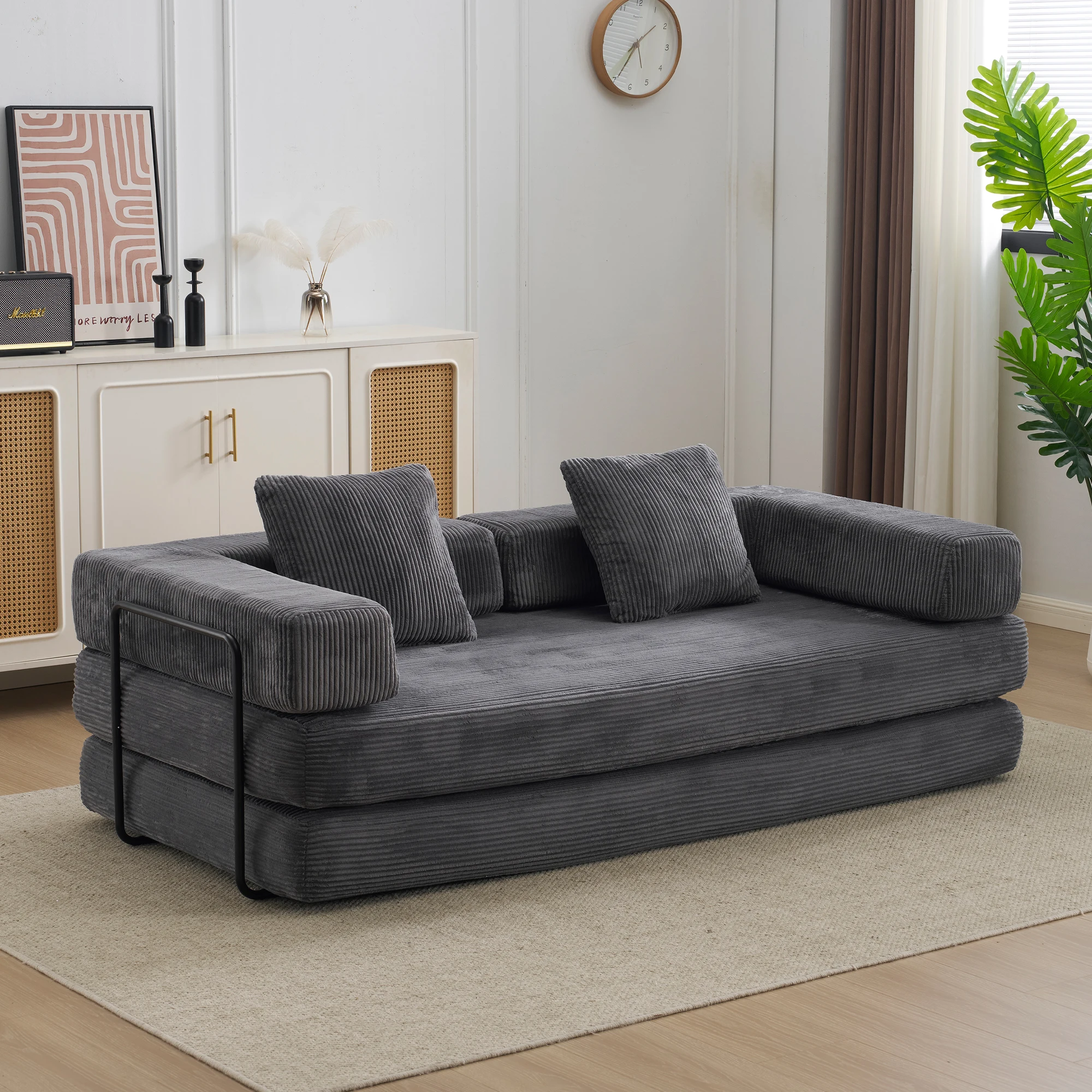 Divano Letto Pieghevole 4-in-1, Divano Convertibile in Corduroy, Poltrona Letto da Terra, Schiuma ad Alta Densità, Senza Montaggio, per Soggiorno e Ap