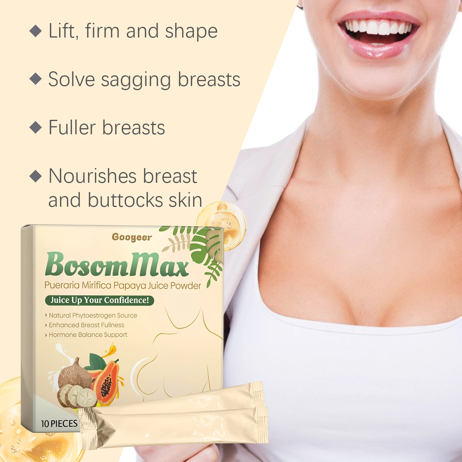 Googeer 10 шт. Pueraria Mirifica Papaya Juice Powder для увеличения груди, против провисания, для коррекции фигуры тела, красивая пудра для груди