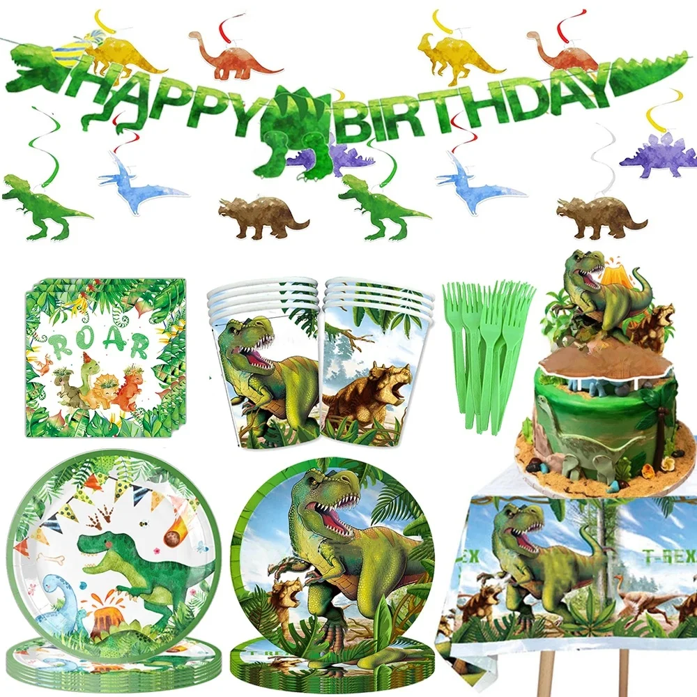 Fournitures de fête dinosaure, bannière joyeuse, assiettes, tasses, serviettes, vaisselle pour garçons, thème Dino, décor de fête d'anniversaire