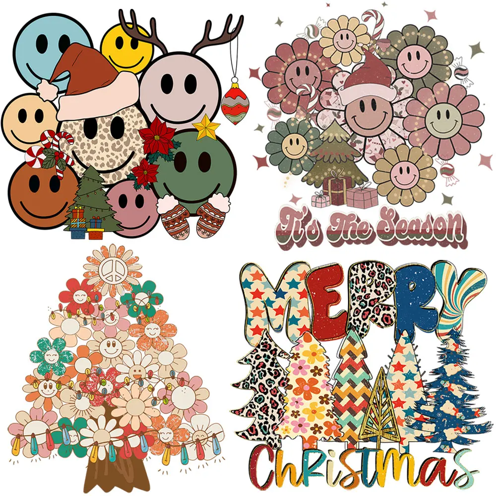 

Christmas Patches For Clothes DIY Heat Transfer Sticker Retro and Smily Christmas Tree Thermal Iron On Transfer Applique Decor