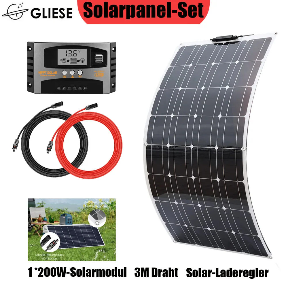 200 W zonnepaneelset - 3-delig zonnesysteem (zonnepaneel, laadregelaar, 3 m kabel) - Geschikt voor thuis-, camper- en campingstroomopwekking