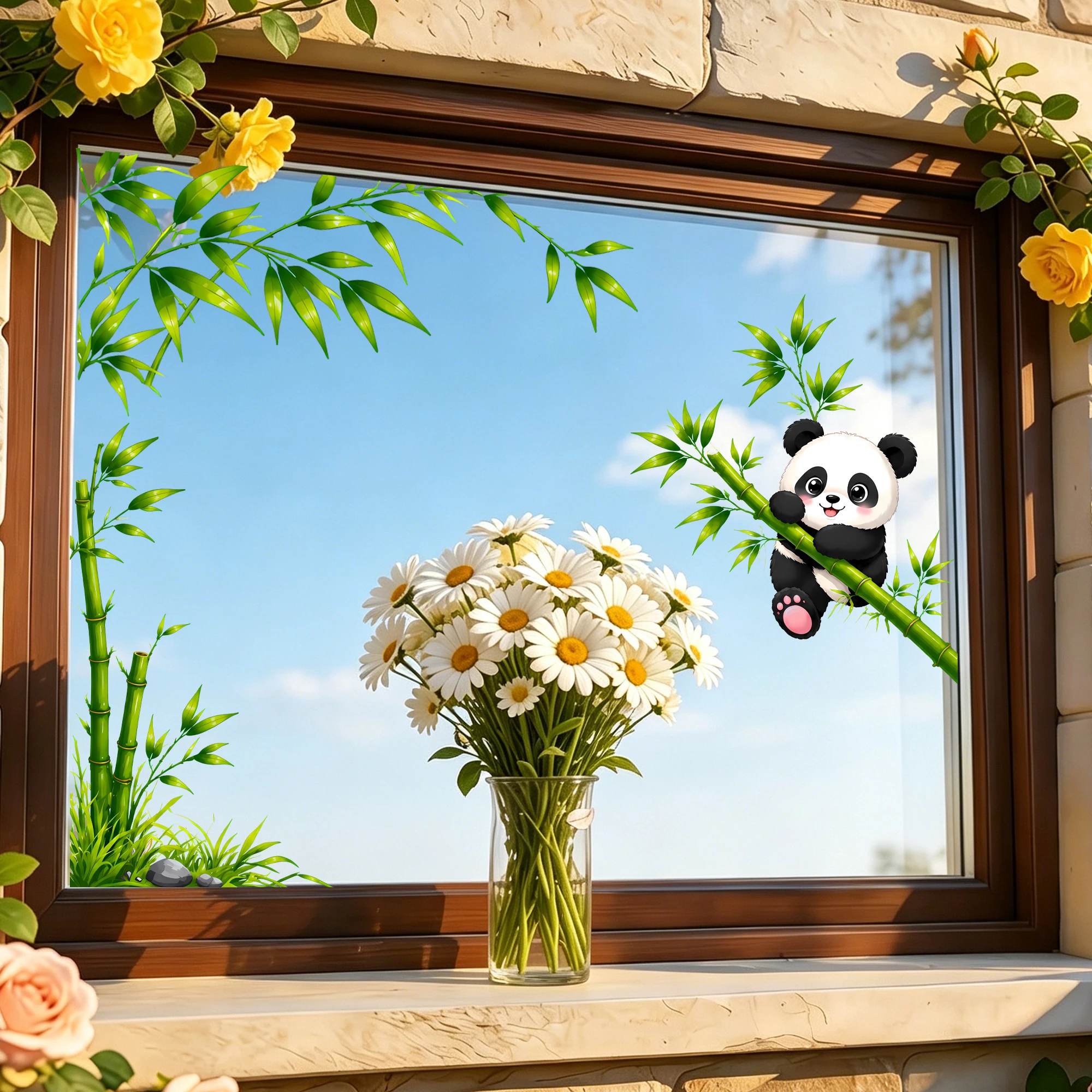 Cute Panda with Bamboo Bathroom Mirror Sticker, Green Leaf Wall Decal for Kids Room Toilet Glass Door Vanity Home Decoration view 6