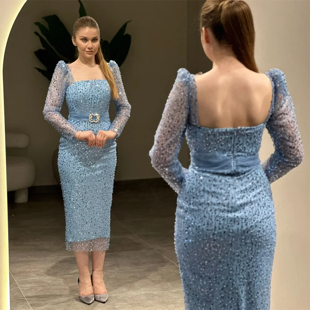 Real Photos Square Collar Shiny Beading Lace Evening Dress For Women Stunning Tea Length Party Prom Gown With Belt فساتين سهرة