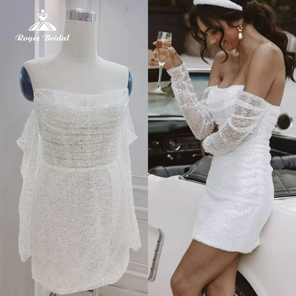 

Sexy Off Shoulder Beading Mini Sheath Short Wedding Dress For Women Shiny Long Sleeves Above Knee Bridal Gown Vestidos De Novia