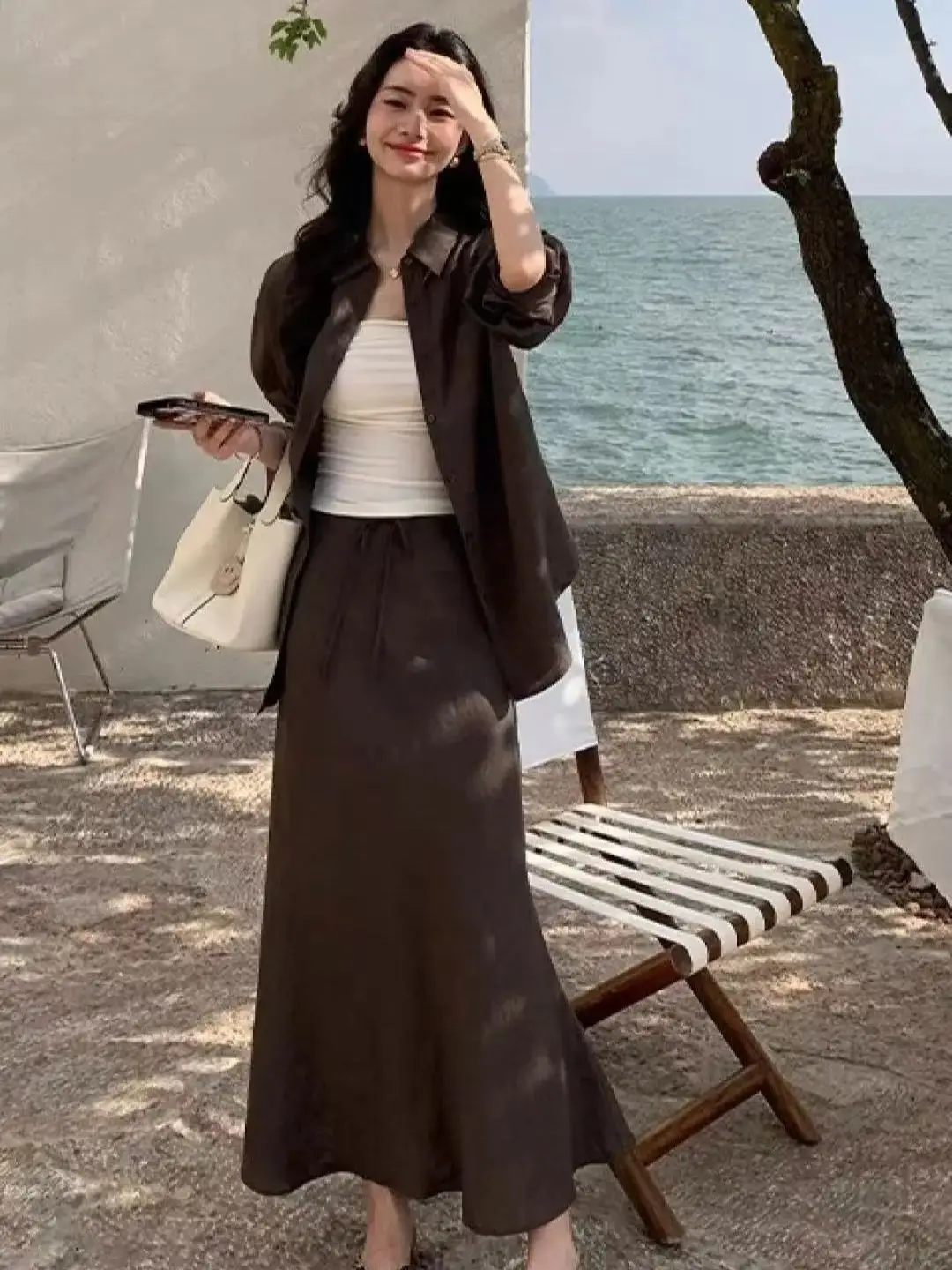 

High quality women's solid color linen relaxed sun protective skirt set of clothes