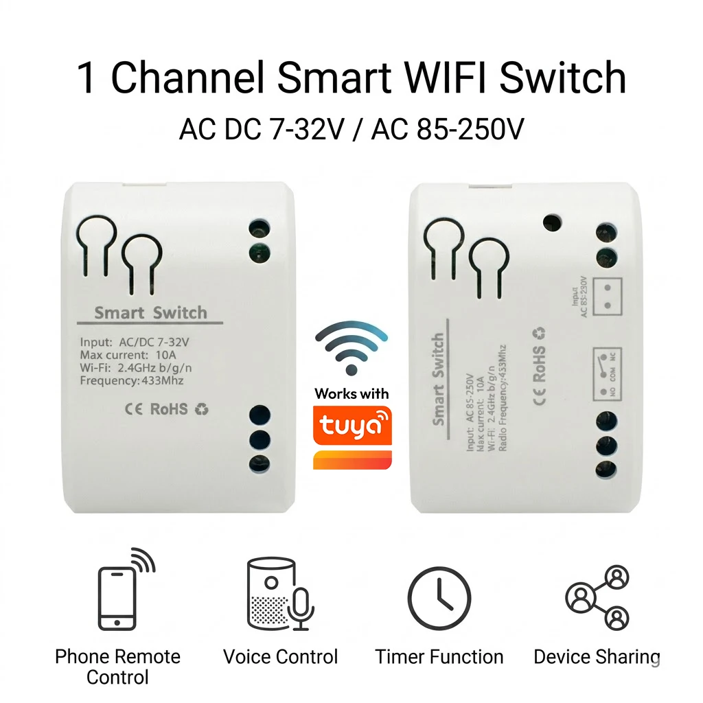Módulo de Automatización Retrofit, Interruptor Inteligente Wifi de 1 Vía, Temporizador, Relé, Abrepuertas Remoto para Motores Antiguos, Ventiladores y Luces, Compatible con Tuya y Alexa
