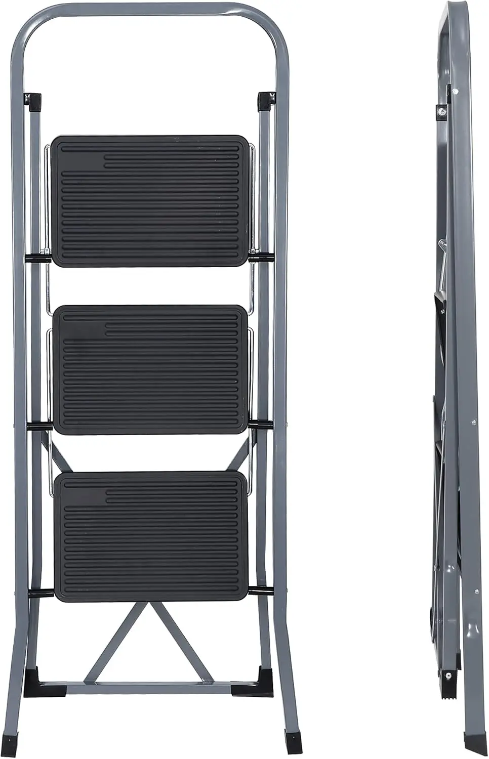 Folding 3 Step Ladder with Convenient Handgrip Portable Steel Step Stool Sturdy Wide Anti-Slip Pedal 330lbs