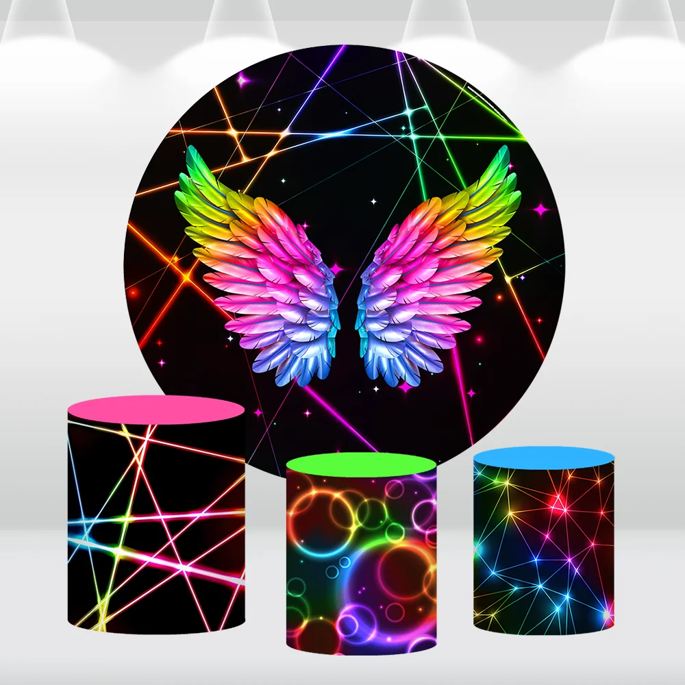 Colorful Angel Wing Round Background Birthday Circle Backdrop Cover Neon Color Cylinder Covers Pedestal Plinth Cover Polyester