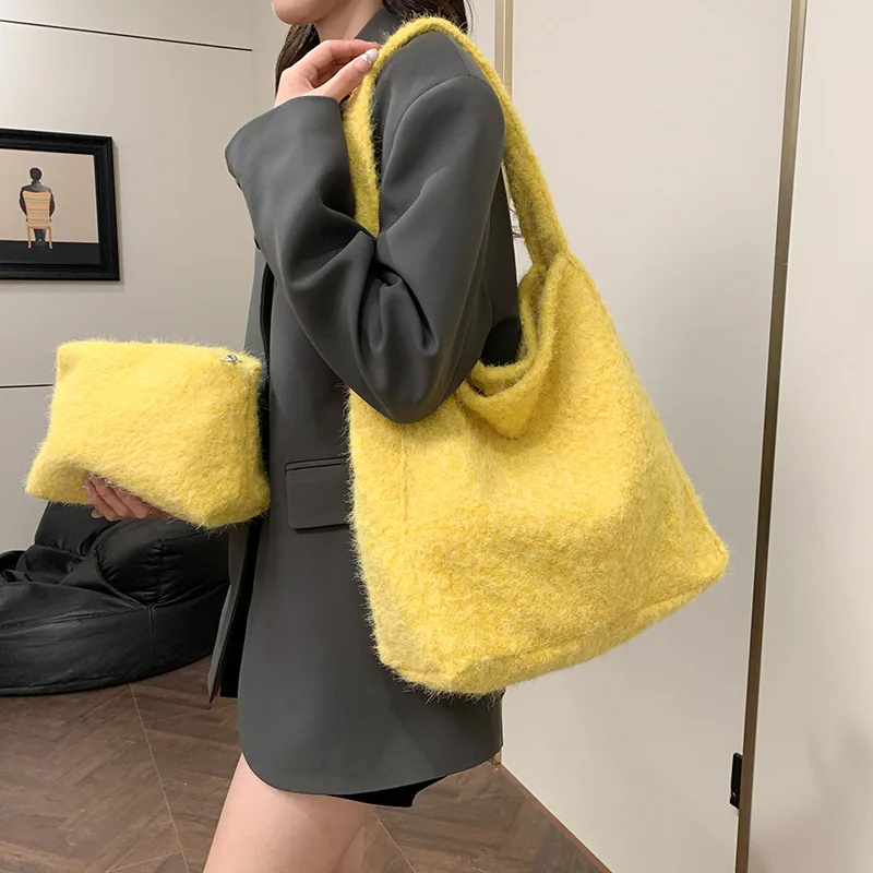 Lemon Yellow New Tweed Material Large-Capacity Female Tote Bag Commuter Lazy Wind Shoulder Bag Handbag Female Bag Fall