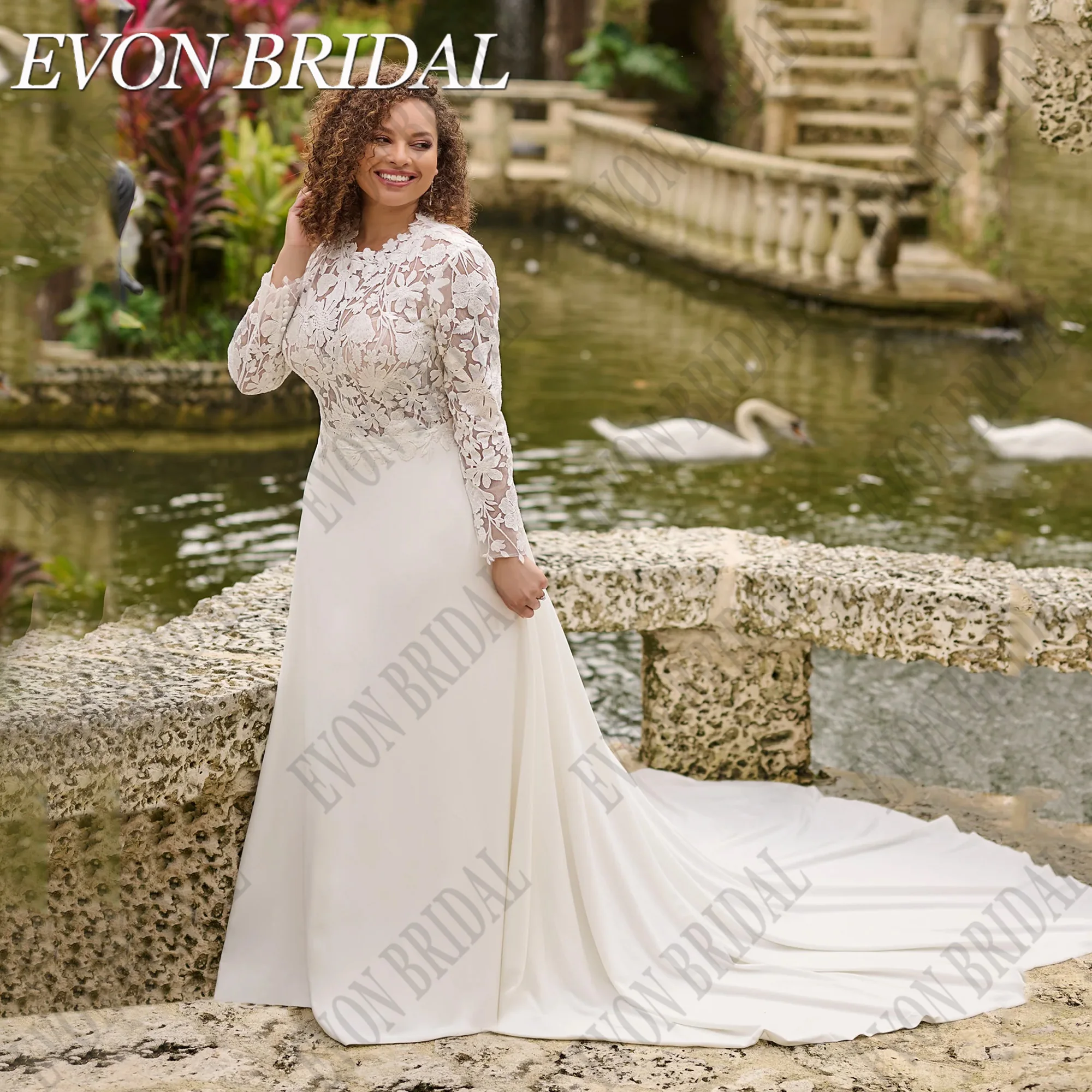 

EVON BRIDAL Customized Muslim Long Sleeves Wedding Dresses Plus Size Women Backless O Neck Bridal Gowns Satin vestidos de novia