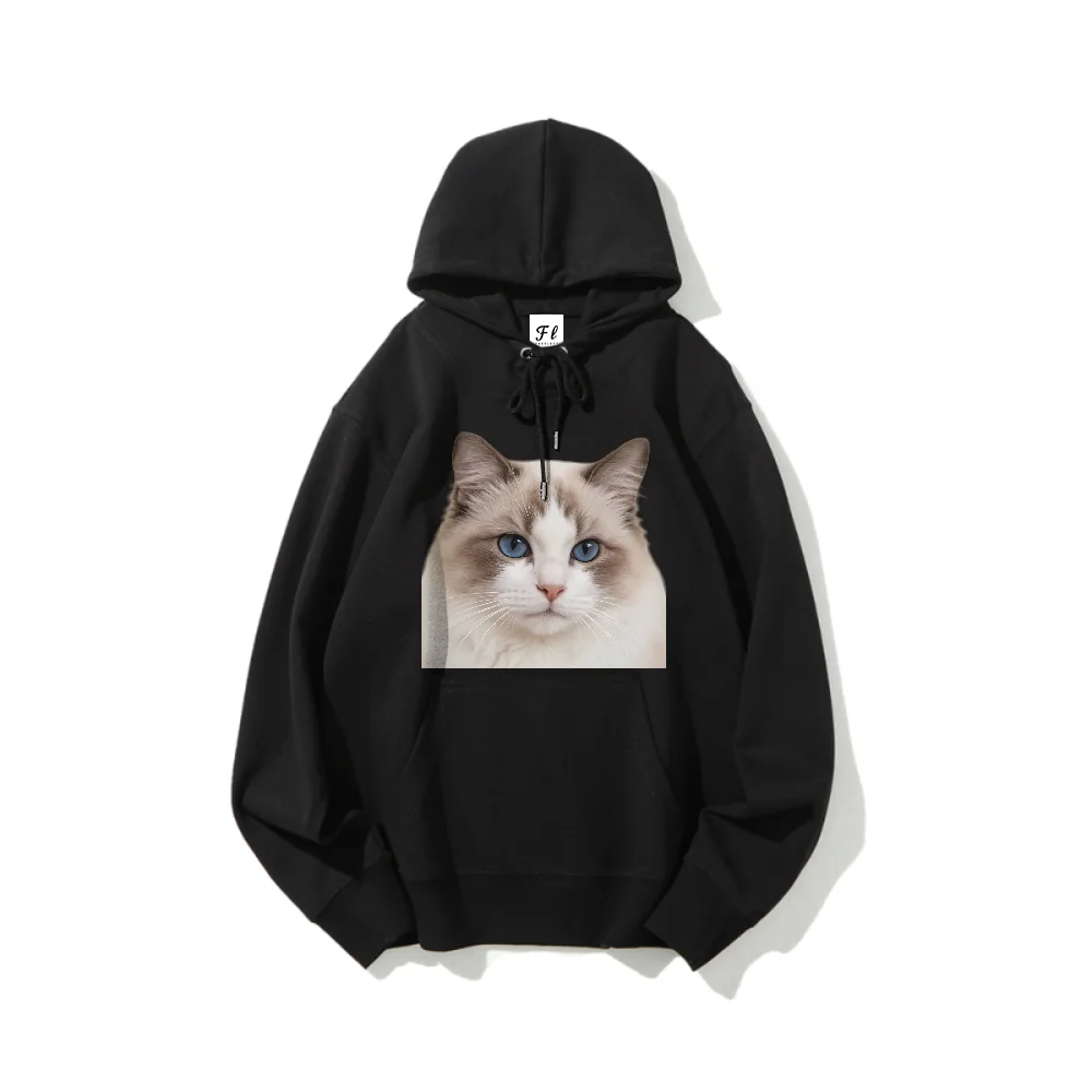 

Очаровательная толстовка с капюшоном и длинными рукавами с рисунком кота, зимний теплый повседневный пуловер свободного покроя, уютная мягкая ткань, стиль оверсайз